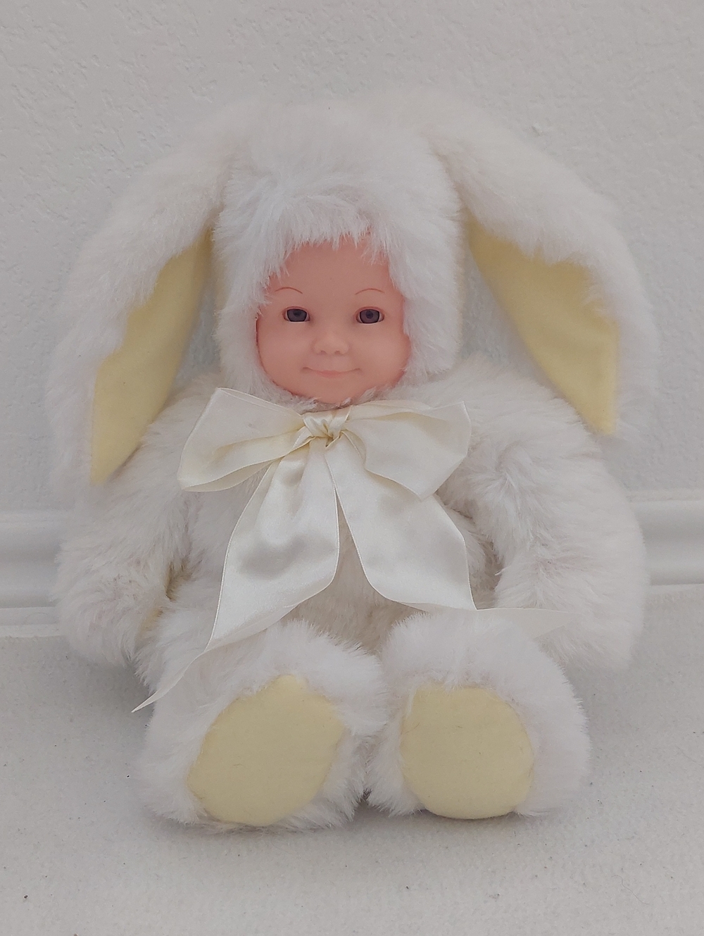 ANNE GEDDES Plush White Bunny Baby Doll with Satin Bow NWOT